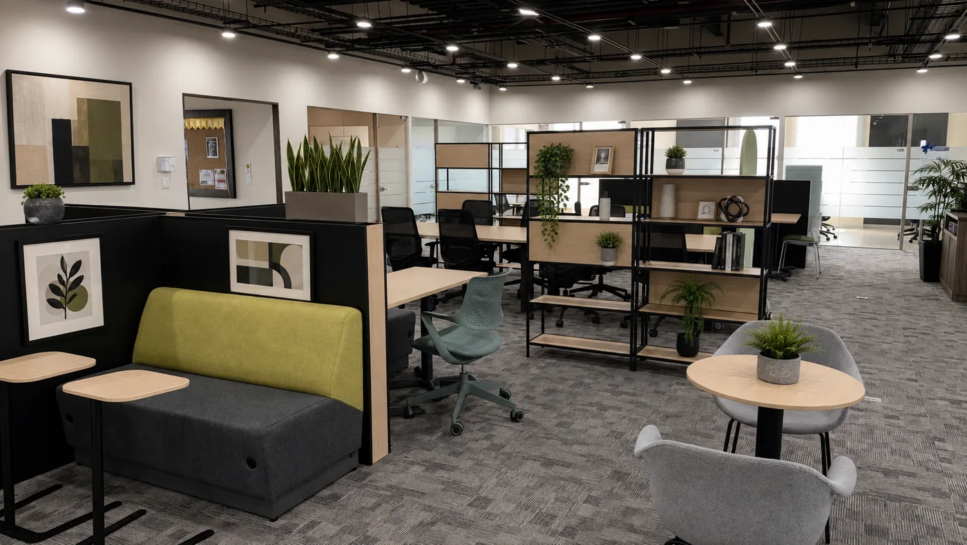 Área común de GPD El Refugio con sillón, mesas de trabajo y libreros, Querétaro